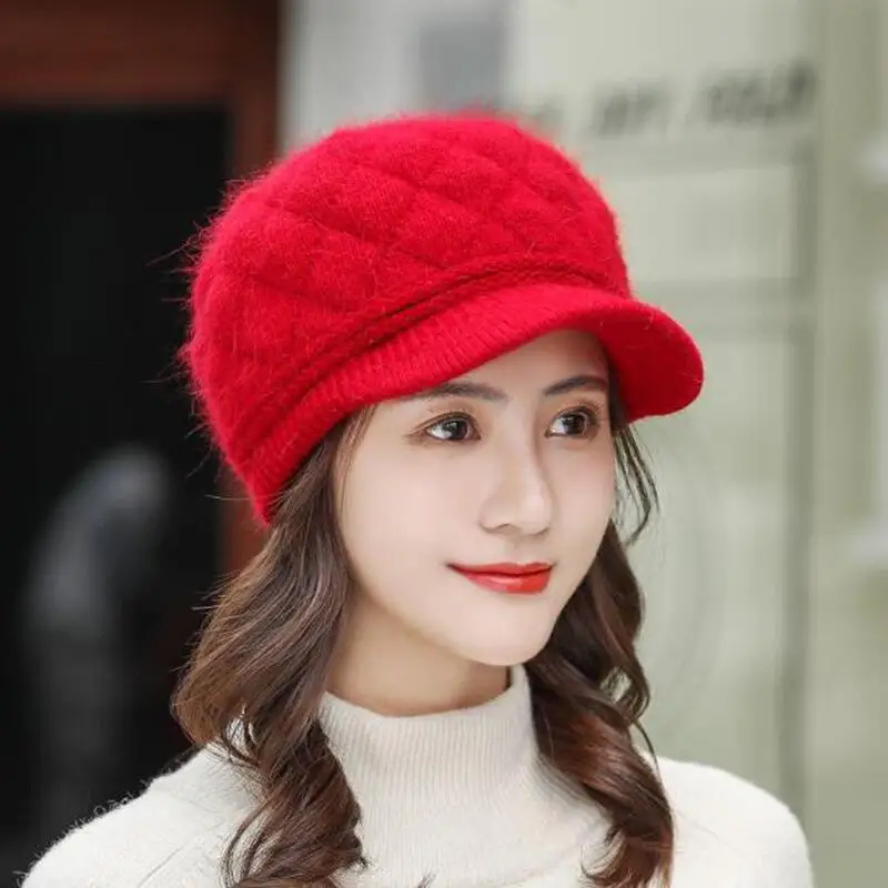 Autumn Winter Hats for Women Warm Thick Rabbit Fur Hats Women Newsboy Berets Ladies With Woolen Knitted Hat Female Caps
