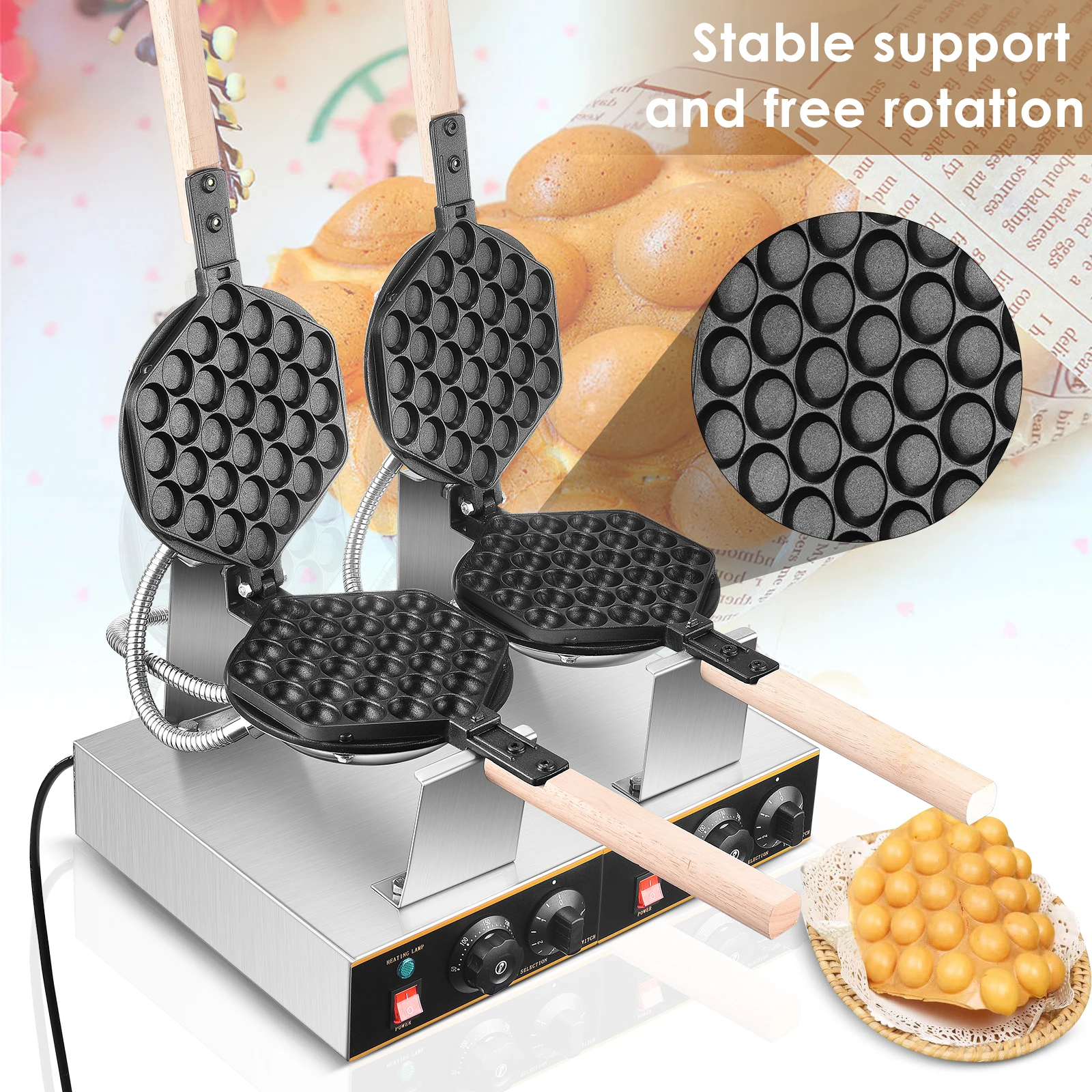 

Professional Bubble Egg Waffles Cake Machine 1400W Bubble Waffle Maker Waffle Baker 180° Rotatable Temperature Time Adjustable