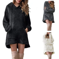 women casual drawstring sweatshirt dress with pockets winter loose fleece hooded coat pullover sueter feminino ey