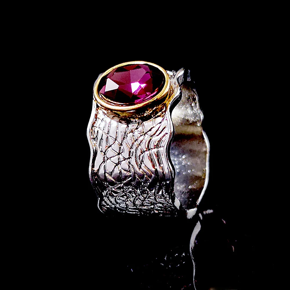 

Vintage Thai Silver Two-Stone Amethyst Ring Retro Corrugated Ring Female Fashion Exquisite Girlfriend Gift Accessories