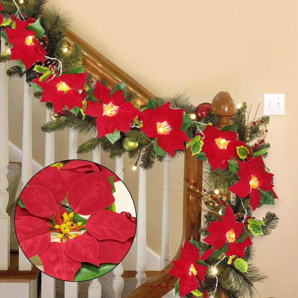 

Poinsettia Christmas Wreath Flowers String LightsXmas Wedding Garden Door Decor Fairy Lights Christmas Decoration New Year 2022