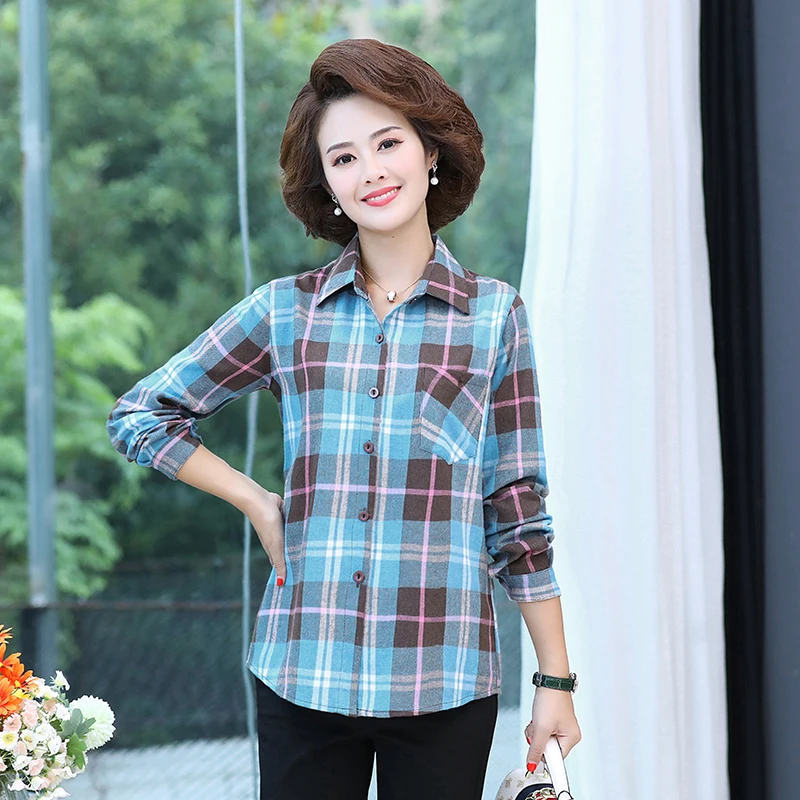 Осенняя клетчатая хлопковая рубашка Женская Повседневная из ткани с обработкой