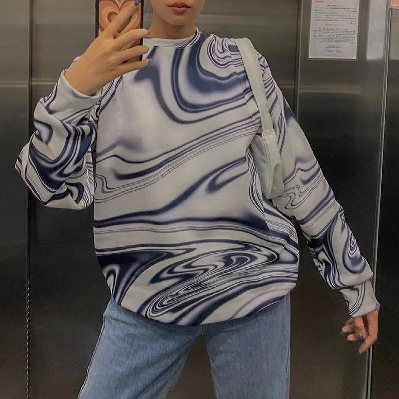 

Oversize Sweatshirt Women Clothes Ripple Printed Long Sleeve O Neck Pullovers 2021Autumn New Casual Vintage Streetwear Y2k Shirt