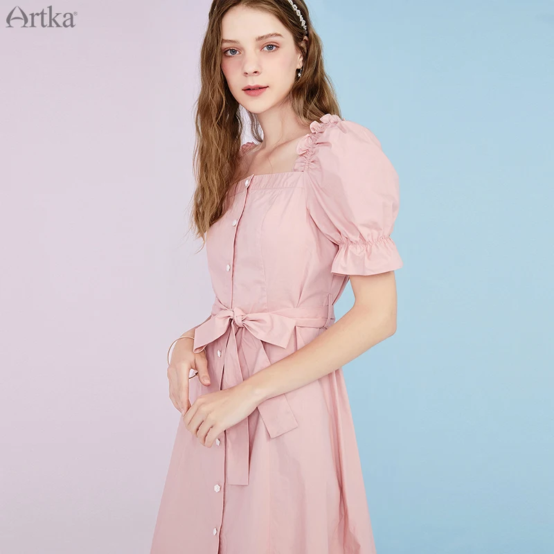 Женское винтажное платье с поясом ARTKA длинное из чистого хлопка квадратным
