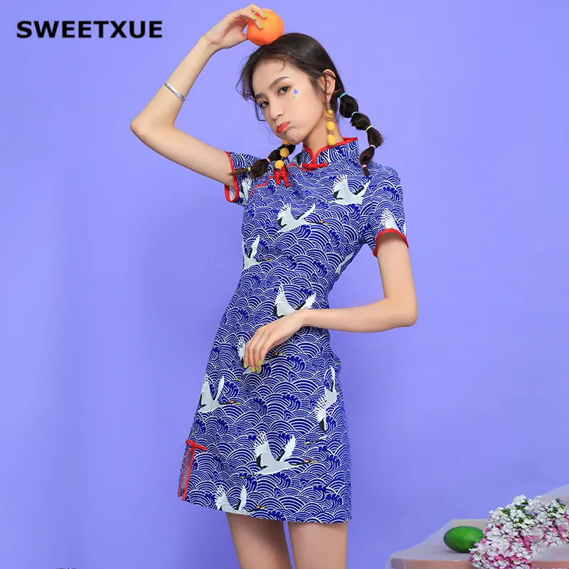 Модное Современное платье Ципао SWEETXUE 2019 пикантное облегающее элегантное мини в