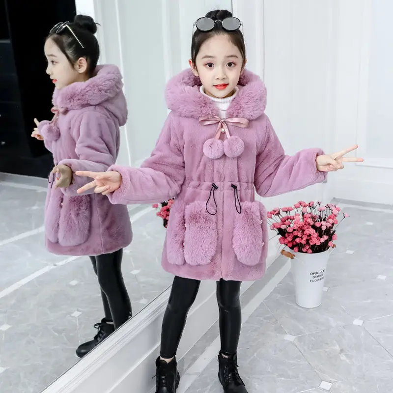 

New Winter Baby Girls Clothes Faux Fur Coat Fleece Jacket Warm Snowsuit 1-6Y Hooded Parka Children's Outerwear Autumn Clothing