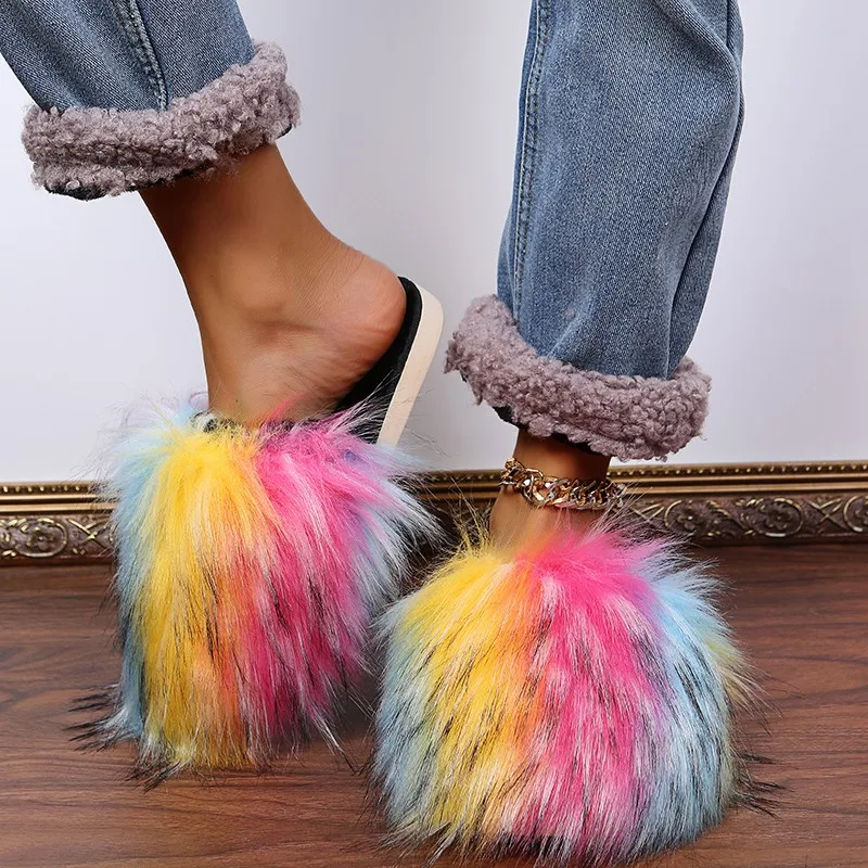 

Winter Mules Slippers Home Shoes Female Flats Mixed Colors Plush Flip Flops Shoes Women House Slides Ladies Fur Slippers