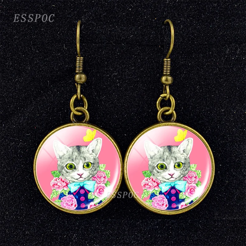 Мультяшный Кот фото стекло кабошон длинные Винтажные серьги бронзовые для