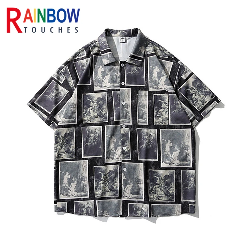 

Rainbowtouches Men Hip Hop High Street Printing Casual Loose Short Sleeve Retro Style Cyber Celebrity Thin Shirts Fancy Goods