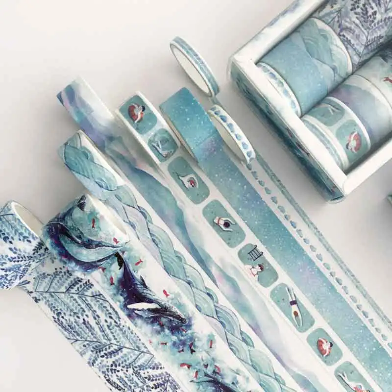 

8 pcs/set blue Whale Ocean Washi Tape Set for Decoration Journal DIY Scrapbooking Kawaii Sticker Label Masking Adhesive Tape