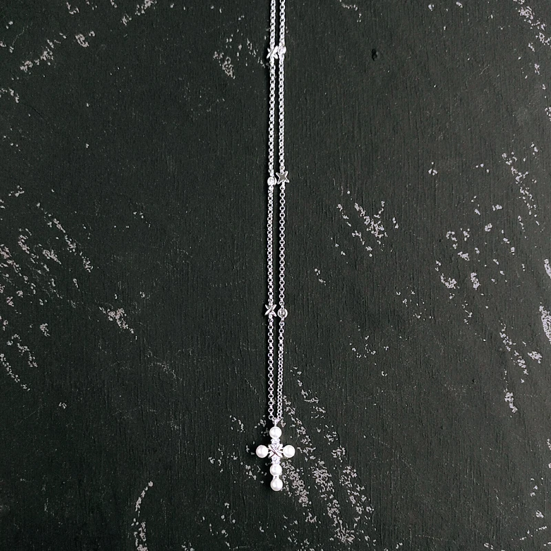 

MEIJI New S925 Sterling Silver Double-Layer Pearl Cross Necklace Niche Exaggerated Tassel Design Sweater Chain Clavicle Chain
