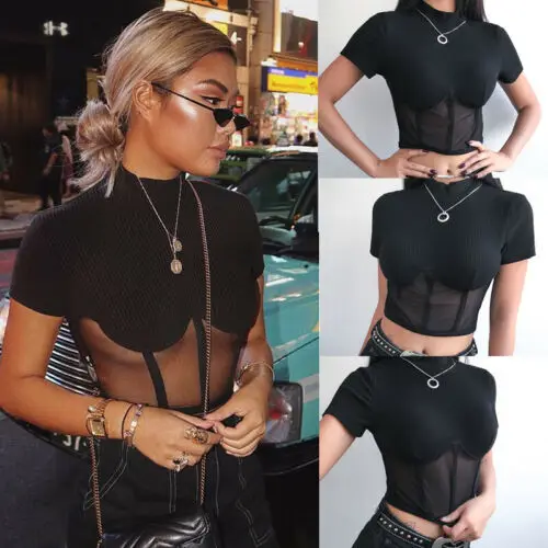 Новая женская повседневная/вечерняя черная сетчатая футболка HIRIGIN топ женский