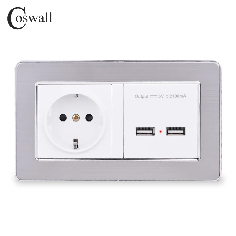 COSWALL настенная розетка, стандарт ЕС, розетка с двумя USB, умный индукционный порт зарядки для мобильных 5 в 2,1 А, панель из нержавеющей стали