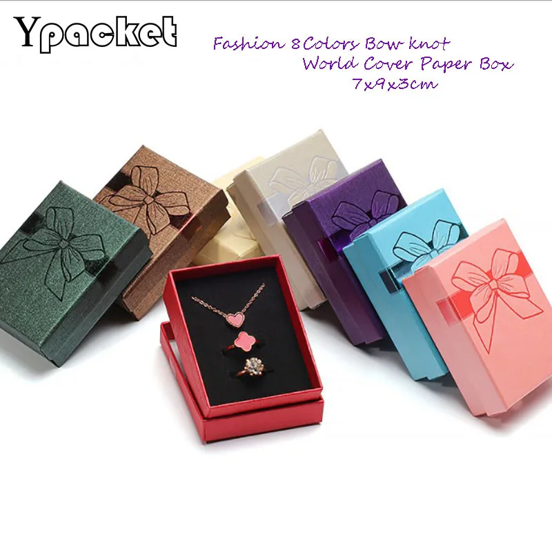 

7x9x3cm Stamp Bow Square Jewelry Organizer Box Engagement Rings For Earrings Necklace Bracelet Display Gifts Storage Box 40Pcs