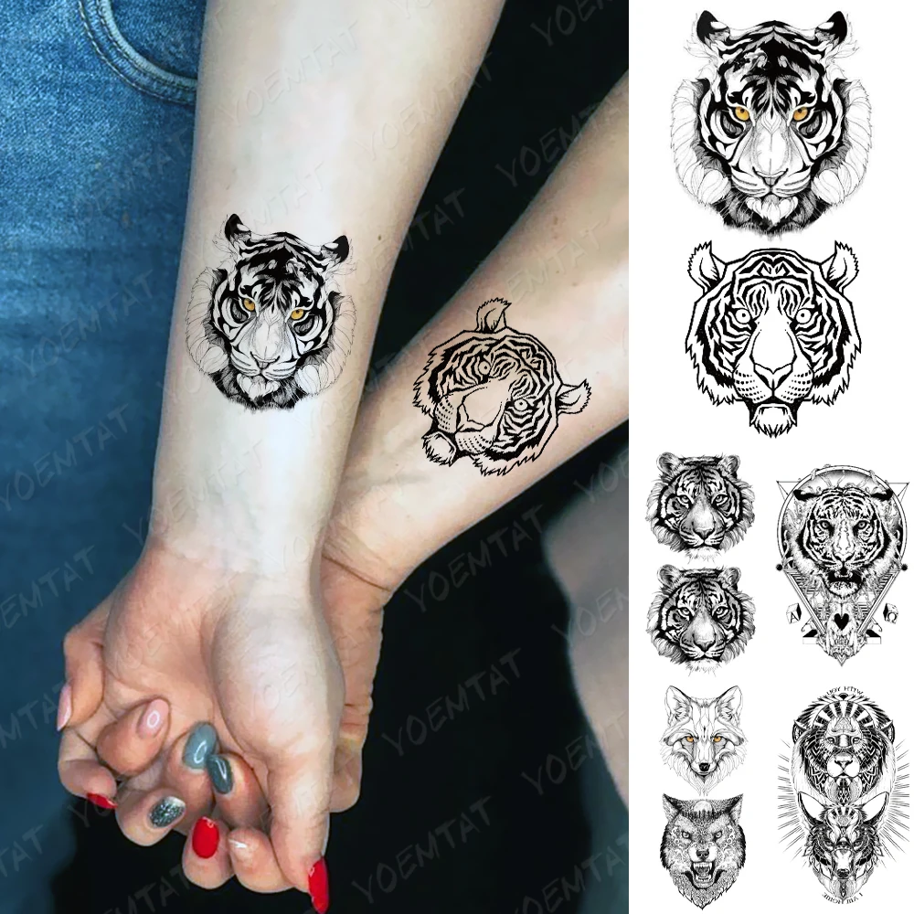 

Waterproof Temporary Tattoo Sticker Tribal Tiger Flash Tatoo Geometric Lines Animal Wrist Fake Tatto For Body Art Women Men