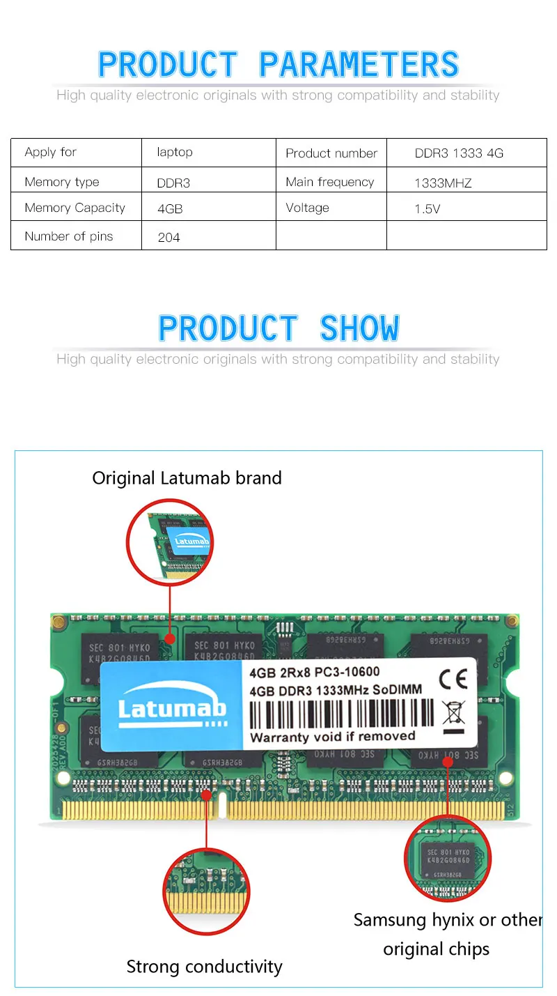 Latumab 4 Гб DDR3 1333 МГц PC3-10600 памяти ноутбука So dimm память ram 204 шпильки ноутбук превосходного качества модуль SODIMM DDR3 ram