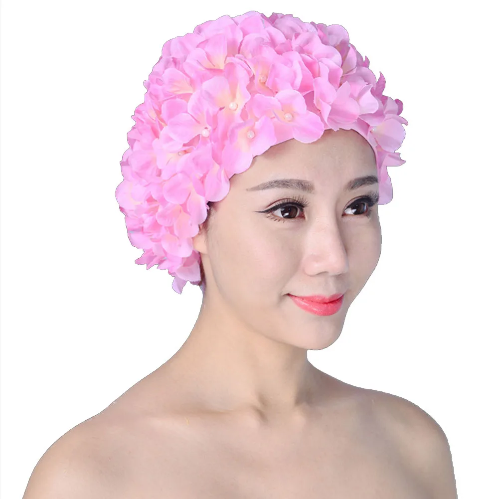 

Women Elastic Unique Free Size Diving Flower Solid Beach Long Hair Handmade Protection Breathable Swimming Cap Soft Water Sports