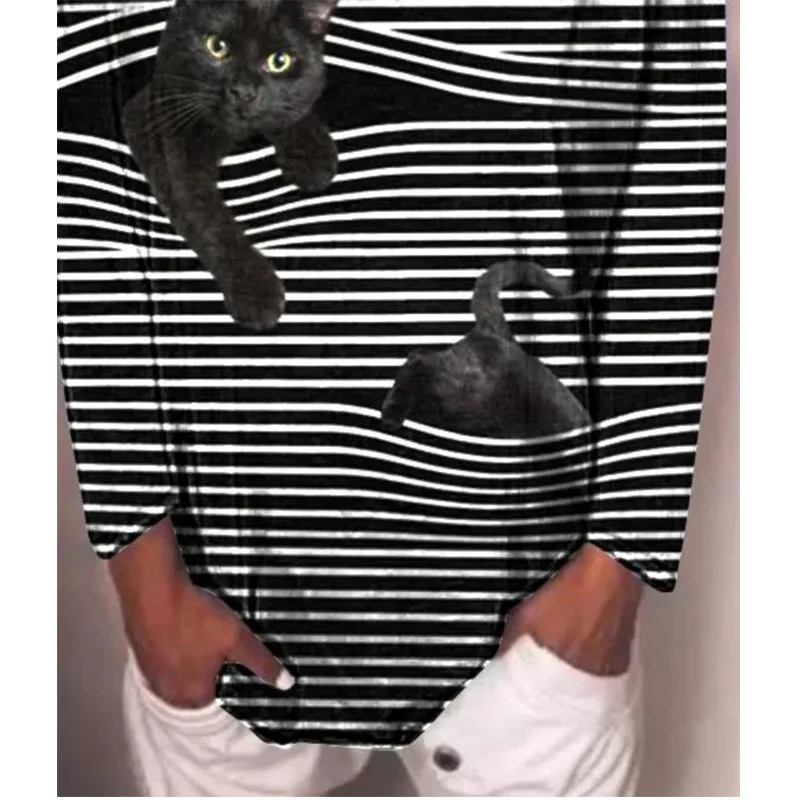 

2020 Lovely Cat Stripe Women Casual T-shirt Autumn Cartoon Long Sleeve Loose Tops