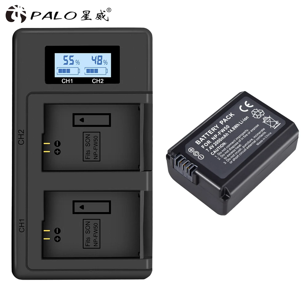 PALO 7,4 V 2000 мА/ч, NP-FW50 NP FW50 NPFW50 батарея Замена для sony Alpha 7 A7 7R a7R фотоаппаратов моментальной печати 7 s a7S a3000 a5000 a6000 NEX-5N 5C A55 - Цвет: 1battery and charger