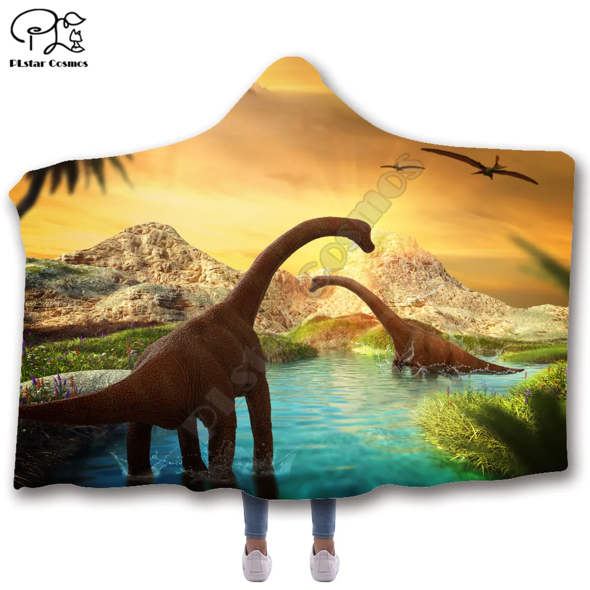 

dinosaur Multi-pattern Hooded Blanket Adult colorful child Sherpa Fleece Wearable Blanket Microfiber Bedding style-4