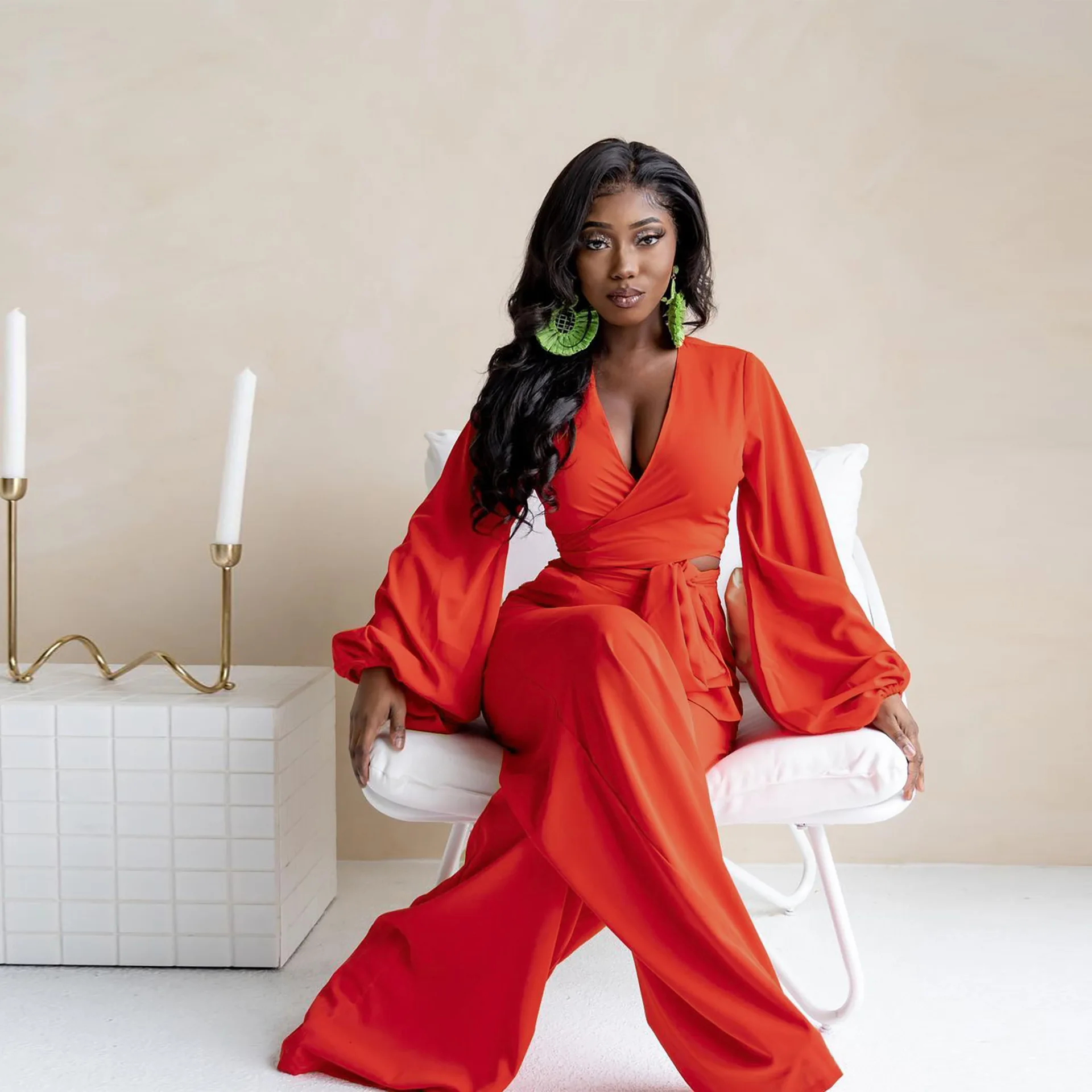 

New Women Two Piece Loose Suits Long Sleeve Solid Color V Neck Crop Top & Casual Wide Leg Pants Set 2021