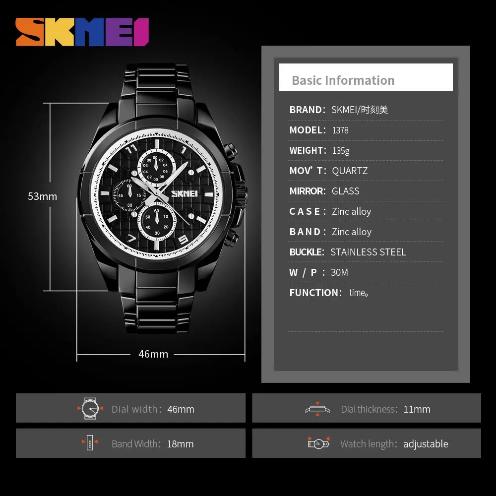 

SKMEI Business Men Quartz Watches Alloy Strap Large Dial Mens Watch Waterproof Wirstwatch Relogio Masculino reloj hombre 1378