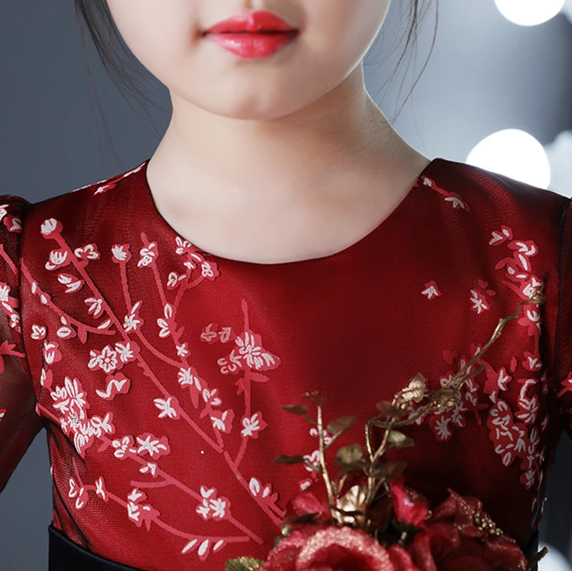 

Beauty Noblest Tails Dress Wine red Flower Girl Lace Long Dress Girl Wedding Party Dress Ball chinese traditional dress 2020