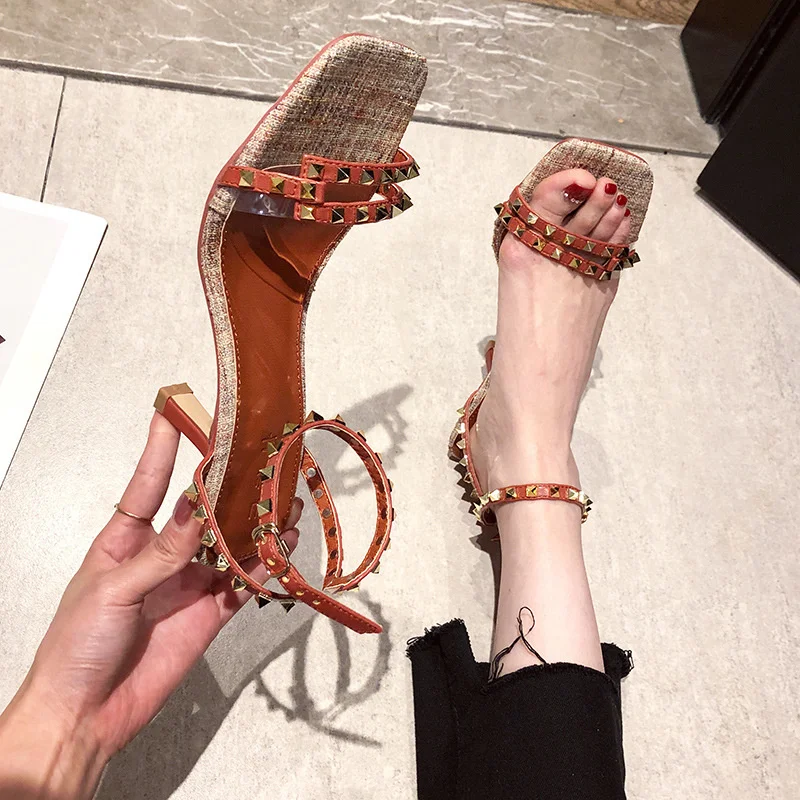 

Ins fairy style sandals women's thin heel 2020 new Korean versatile one word rivet fashion high heels women's trend