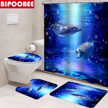 Ocean Dolphin 3d Shower Curtain Undersea Scenery Bath Mats Set Mildew Proof Bathroom Curtains Washroom Toilet Cover Non-slip Rug