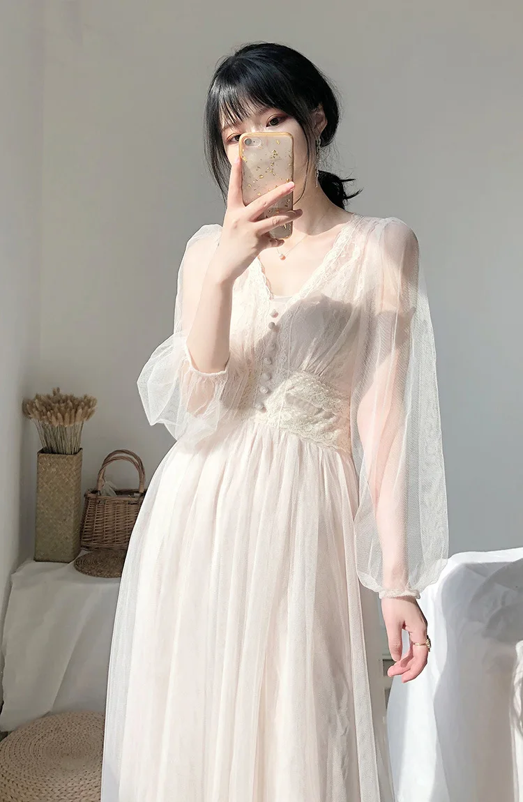 

Summer Chiffon New French Mesh Women Long Sleeve Dress Holiday Beach Long Dress Women Clothing