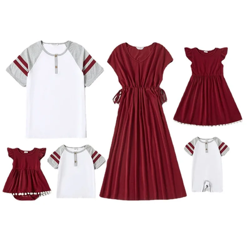 

Summer Parent-child Clothing Family Collocation Baby Jumpsuit Mom And Girl Dress Father T-shirt And Son Indoor Home Outdoor 2021