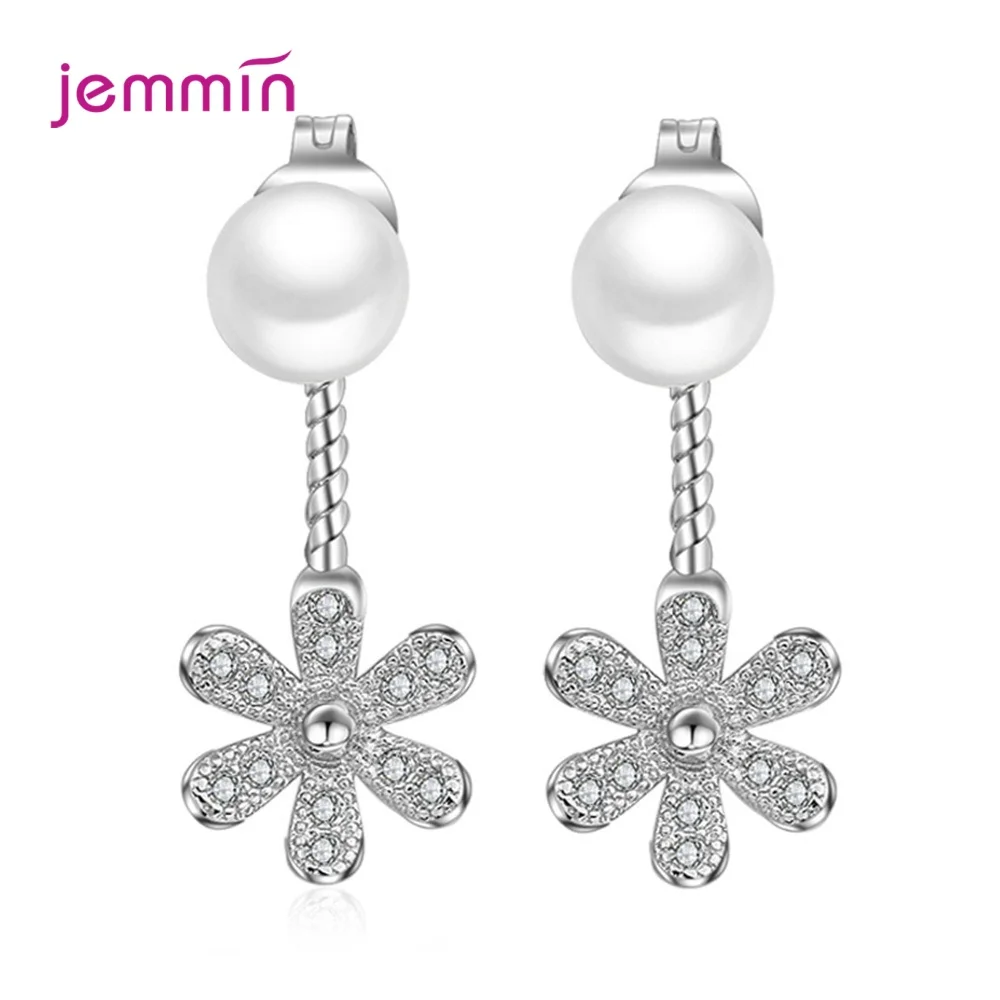 

Elegant White Simulated Pearl Cubic Zirconia Flower Drop Earrings For Women Fashion 925 Sterling Silver Jewelry Wedding Bijoux