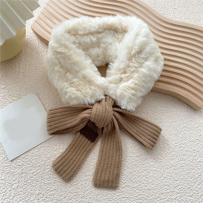 

2021 Autumn Winter Houndstooth Warmer Scarves Women Exquisite Crochet Knitted Scarf Korean Style Faux Fur Collar Neck Long Scarf
