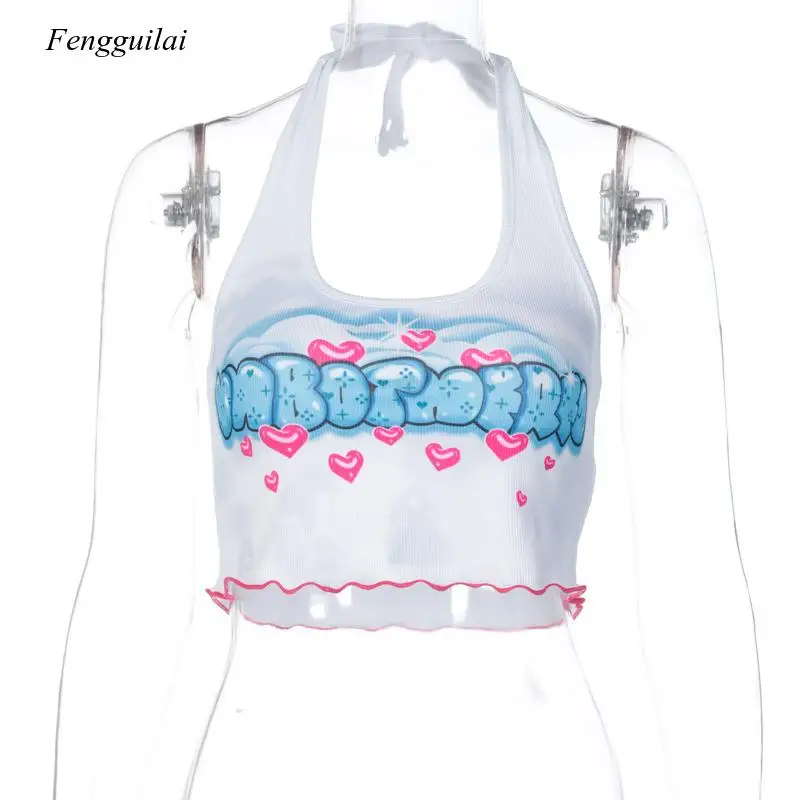 

2021 Spring and Summer New Women's Ear Edge Tie Neck Letter Print Vest Sexy Street Wear Top