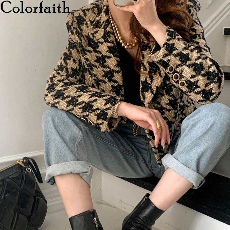 

Colorfaith New 2021 Autumn Winter Women's Blazers Jackets Checkered Korean Vintage Oversize Lady Wild Plaid Short Tops JK1292