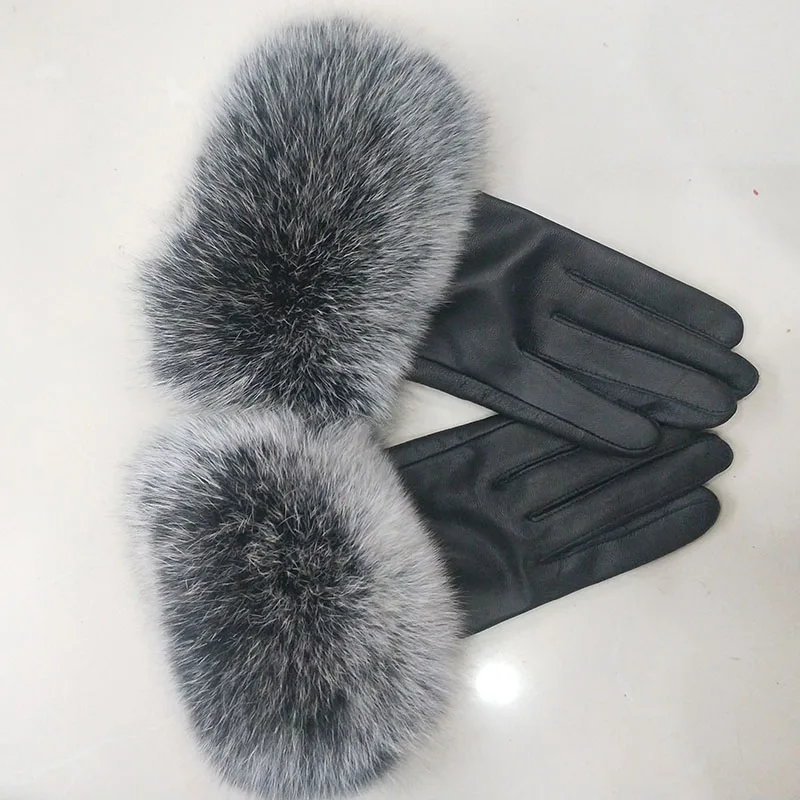 

Female Luxury Real Leather Gloves With Real Fox Fur Cuff Women Warm Winter Genuine Leather Gloves Ladies Casual Hand Warmer
