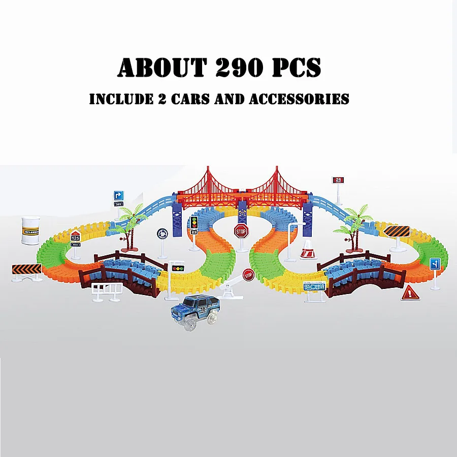 290pcs with 2 cars Волшебный трек, светящийся Железнодорожный автомобиль, сделай сам, гибкий изгиб, магический трек, дорожный набор, флэш-светильник, железнодорожный автомобиль, сборные игрушки, подарки для детей - Цвет: 290pcs with 2 cars