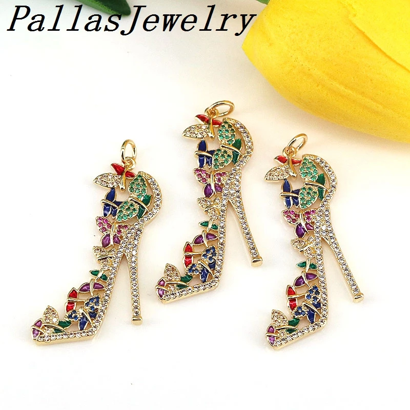 

5Pcs Colorful CZ Micro Pave High-heel Shoes Shape Charm/Pendant Gold plated Cubic Zirconia Pave Pendant,Fashion Jewelry Findings