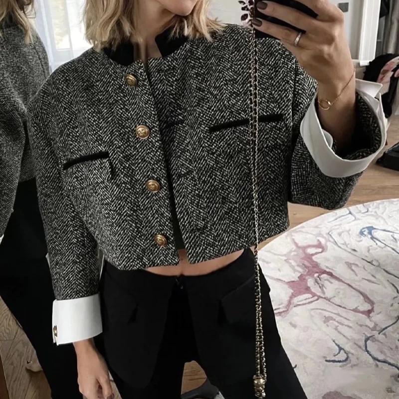 

Za 2022 New Women Fashion Patchwork Tweed Cropped Jacket Coat Vintage Causal Long Sleeve Button-up Female Outerwear Chic Tops