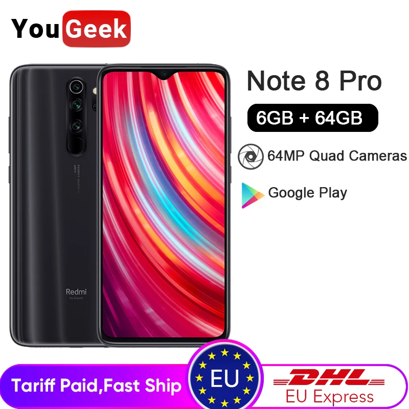 Смартфон Xiaomi Redmi Note 8 Pro, 6 ГБ, 64 ГБ, Note8 Pro, 64 мп, четыре камеры Helio G90T, четыре ядра, 6,53 дюйма, 4500 мАч, NFC, глобальная версия