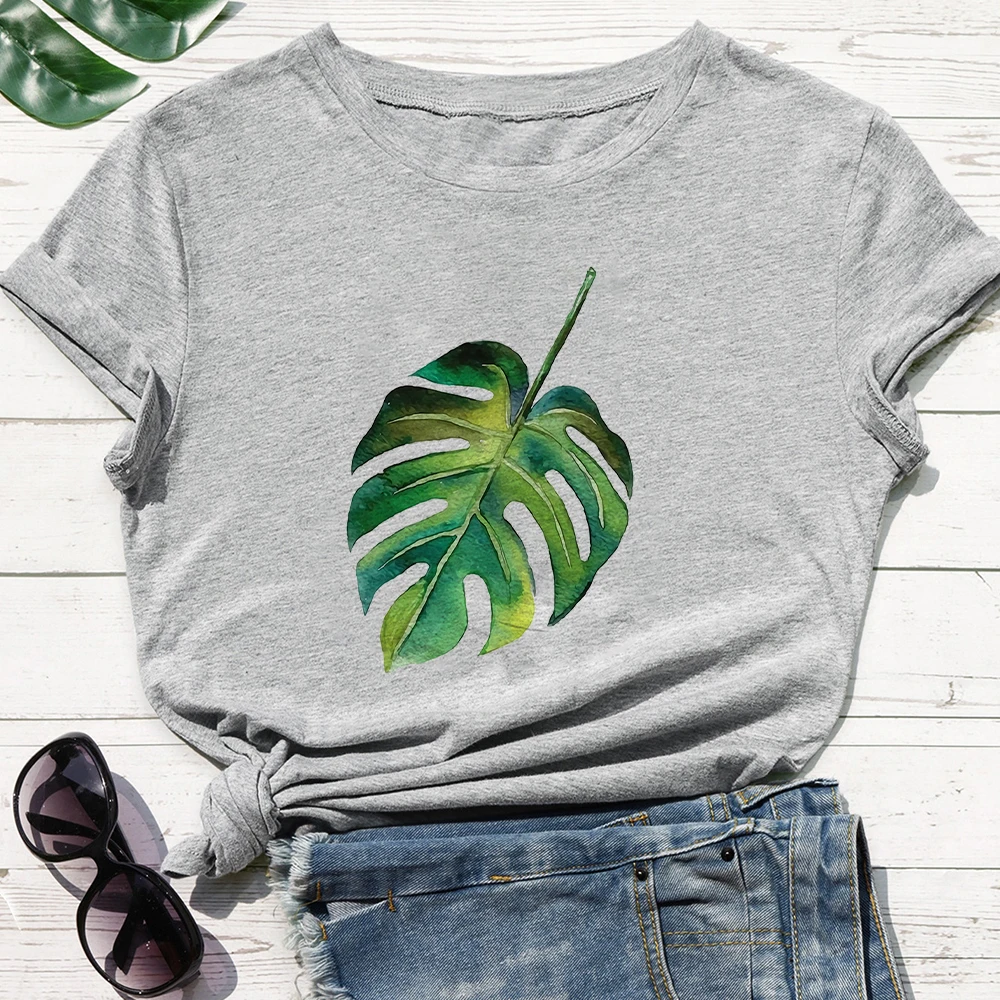 

Personality Style New T-shirt Women Ropa Mujer Casual Cheap O-neck Tee shirt high quality Green Leaf Print White Grey Tshirt