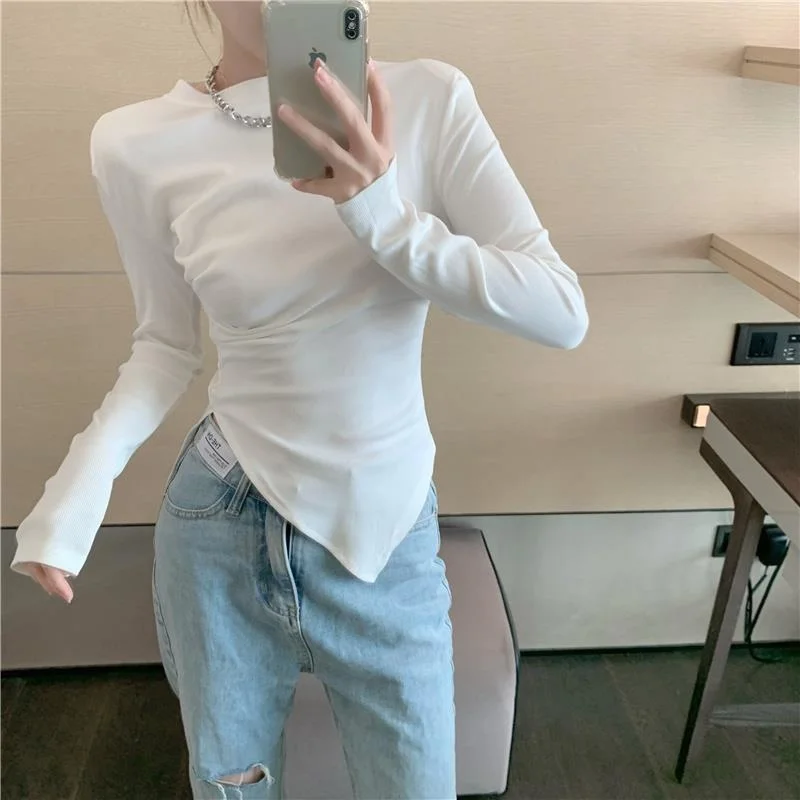 

Irregular Top Women Tshirt Autumn And Winter 2021 New Short Slim Fit Niche Pleated Long Sleeve Sexy T Shirt T-shirt Vogue Tees
