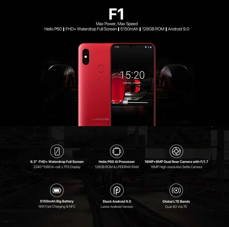 Смартфон UMIDIGI F1 Android 9 0 4 Гб + 128 ГБ 6 3 &quotFHD 16MP 8MP 5150 мАч 18 Вт Быстрая зарядка двойной 4G