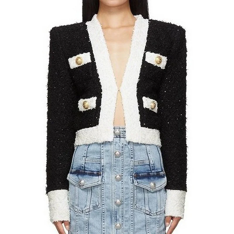 

Женская твидовая куртка, черно-белая короткая куртка из твида с мерцающим эффектом, 2021