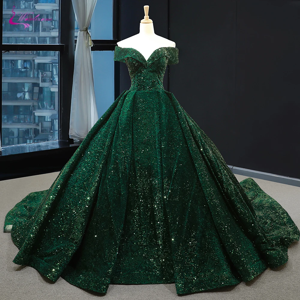 Фото Waulizane бальное платье без бретелек Quinceanera темно-зеленое кружевное с блестками |