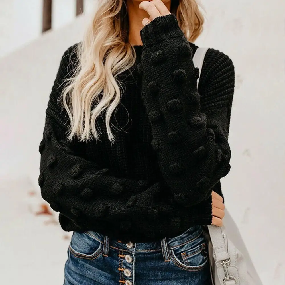 

2021 Women Solid Color Long Puff Sleeve Knitted Sweater Autumn Winter Short Jumper High Street Knitwear Vintage Pullovers traf