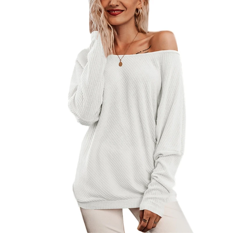 

Women Batwing Long Sleeve Ribbed Solid Shirts O-Neck Drop Shoulder Loose Tops X7XC