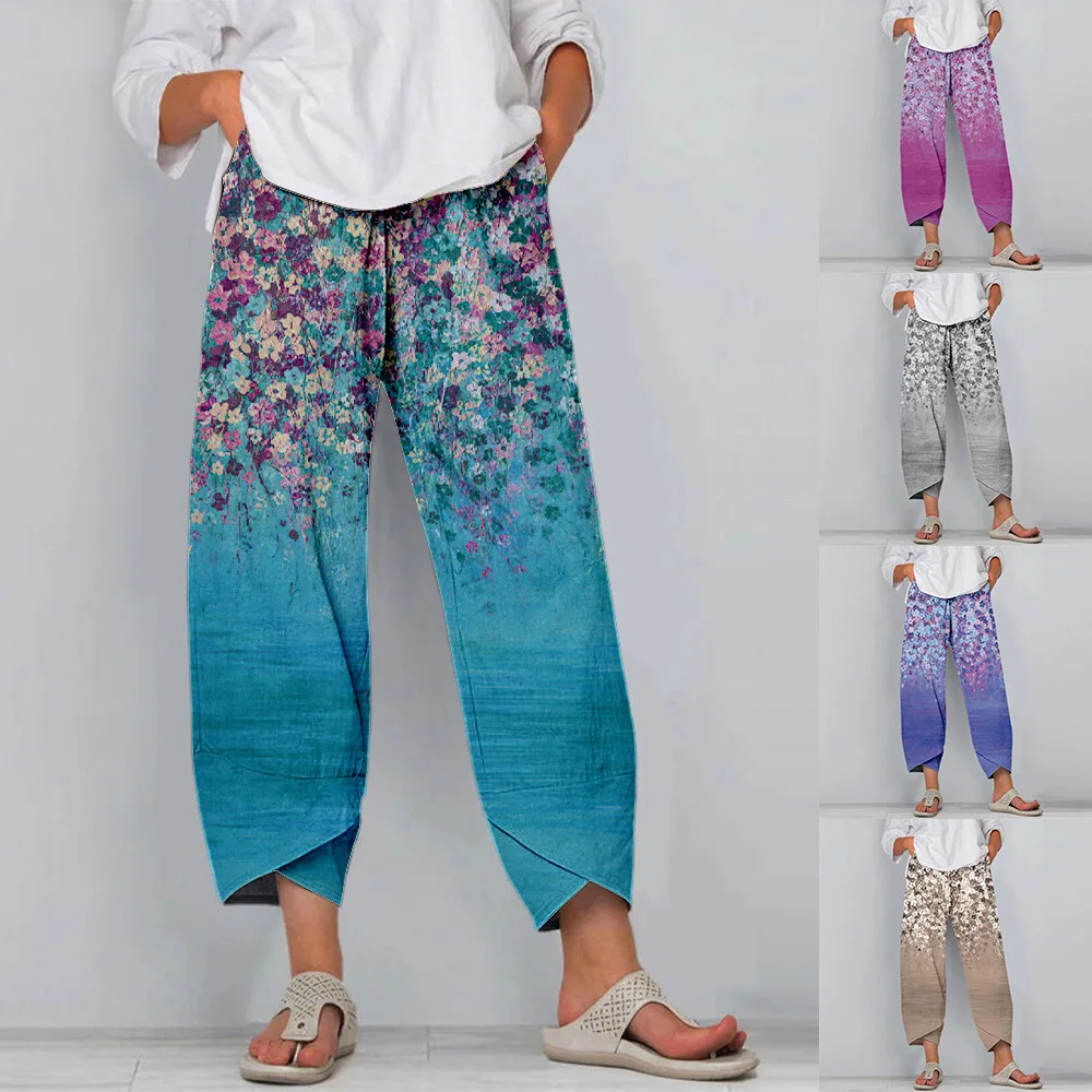 

Женские осенние винтажные длинные брюки с цветочным принтом, повседневные шаровары с карманами и эластичным поясом, женские свободные брюк...