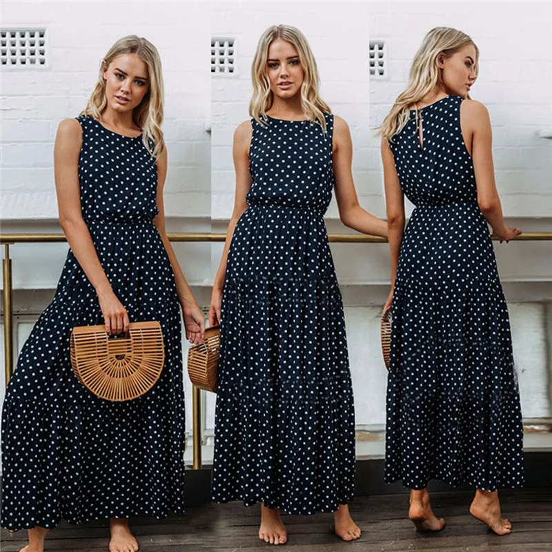 

2021 Bobo Women Dark Blue Loose Sleeveless Holiday Dot Print Long Dress Evening Party Beach Dresses Summer Sundress