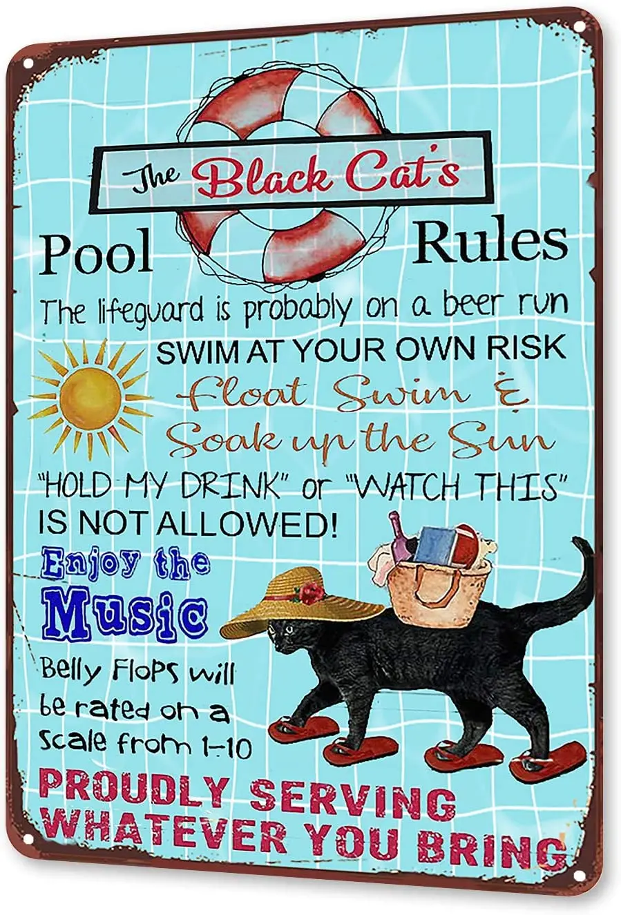 

Wall Decoration Farm Home Backyard Swimming Pool Metal Plate 12*8 Inch The Beack Cat's Pool Rules Tin Sign Retro Metal Plaque